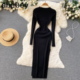 Senior Knitted Dress Women Long Sleeve Elastic Waist Split Sweater Dress Ladies Party Sexy Warm Long