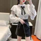 Fashion Lace Bottoming Women's Shirt Autumn Hollow Flower Ruffle Blouse Bow Beading Long Sleeve 6 Colors Blusas