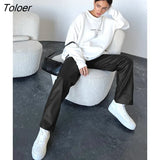 Faux Leather Classy Straight Pants Elastic Waist PU Warm Trousers Winter 2022 Office Ladies Plain Floor-Length
