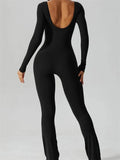 Women Backless Jumpsuits Solid Long Sleeve Round Neck Slim Fit Spring Fall Rompers Flared Long Pants Streetwear 2023-Outfit