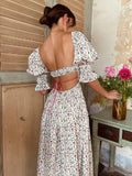 Square Collar Flower Print Front Hem Slit Swing Midi Big Backless Dress Woman Elastic Puff Sleeve Holiday Robe-Outfit