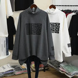 Printed Loose Midi T-shirt Women's Clothing Casual Long Sleeve Korean Spliced Autumn Winter Half High Collar Pullovers