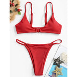 Summer Sexy Split Swimwear Suit Women Solid Color Metal Ring Decoration Brazilian Beach Vacation Swimwear Bikinis Set-Outfit