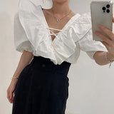 Casual Loose V Neck Sexy Blouses Women French Ruffles Women Tops Solid Lace Up Clothing Lantern Sleeve Female Shirts