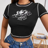 Angel Printed Short Sleeve Crop Top T Shirt Women Summer Clothes Cute Print T-shirt Ladie Streetwear Tee Shirt