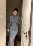 Women Dresses Sexy Elegant Mesh Patchwork Hollow Out Stand Collar Irregular Long Sleeve Party Dress Female Temperament-Outfit