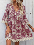 Fashion New WISH / Print V-Neck Lace Seven-Sleeve