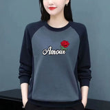 and Autumn Women's Pure Cotton Round Neck Sweater Spliced Large Long Sleeve Printed Solid Color Pullover T-shirt Tops-Outfit