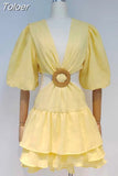 White Hollow Out Sexy Dress For Women V Neck Lantern Half Sleeve High Waist Pleated Dresses Female Summer 2023 New
