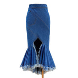 Asymmetrical Bodycon Denim Skirt For Women High Waist Patchwork Tassel Midi Skirts Female Fashion New Clothing