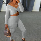 Winter Casual Two 2 Piece Sets Tracksuit Sweatsuits For Women V Neck Crop Top Skinny Pants Suits Knitting Matching