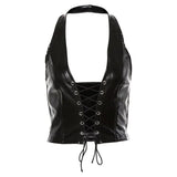 punk black leather hollwo crop tops womens camisole 2021 summer fashion stretch tees Slim Soft leather tank