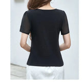 Women's Clothing Round Neck Summer Pullover Solid Color Plant&Flowers Embroidered Bow T-shirt Chinese Style All-match Tops-Outfit
