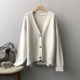 Women's V-Neck Knit Cardigan 2022 Autumn Loose Long Sleeve Green Sweater