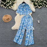 Light Style Suit Women's Fashion With Loose Short Print Shirt + High Waist Display Thin Leg