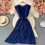 Summer Women Green/Red/Beige Pleated Midi Dress Vintage V-Neck Draped Party Robe Female Elegant Casual Vestidos New Fashion