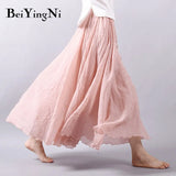 Linen Cotton Vintage Skirt Women Solid Beach Boho Pleated Maxi Skirts Summer Fashion Retro Elastic Waist Saia