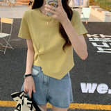 Irregular T-shirt Women Summer Skinny T Shirt Femme Solid Short Sleeve Korean Kpop Slim O-Neck Tshirt Woman Clothes Top-Outfit