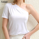 Women Summer T-Shirts One Shoulder Design Clothes Ladies Solid Color Trendy Short Sleeve Slim Pullovers Top For
