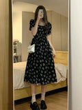 Black Square Collar Bandage Puff Sleeve Print Chiffon Midi Maxi Dresses for Women Party Dress Korea Clothing Summer