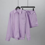 Women Tracksuit Shirt Shorts Two Piece Set Solid Long Sleeve Top Mini Shorts Suit Female 2022 Summer Lady Casual