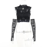 Dark Wind Netting Skull Lace Vest Two-Piece Set Spring Ins Sexy Inner Suit-Outfit