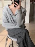 Winter Women Knitted Ribbed Loose Cashmere Sweater V-neck Long-sleeved Oversize Pullovers Solid Sweater Women