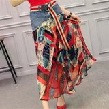 Casual Denim Patchwork Chiffon Skirt 2023 Summer New Office Lady Commute All-match Printed A-Line High Waist Midi