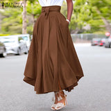 Waist A-line Skirt ZANZEA Women Skirts Summer Vintage Zipper Long Maxi Skirts Solid Irregular Beach Skirt Faldas Saia