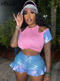 Summer Casual 2 Two Piece Set Outfits Women Short Sleeve Bodycon Crop Top Skinny Ruffers Shorts Pink Matching Sets