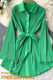 Casual Women Green Shirt Dress New Spring Autumn Turn Down Collar Flare Sleeve Single Breasted Female Dress