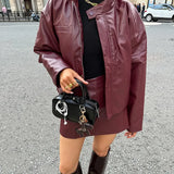 Fall 2024 Fashion New Retro Design Sense Wine Red Leather Coat Short Skirt Suit Girl-Outfit
