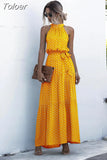 Long Dress Women Polka Dot Casual Beach Dresses Black Halter Strapless Yellow Sundress Vacation Dress Clothes For Women 319-0-Outfit