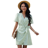 Plaid V-Neck Beletd-Bow