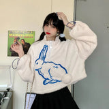 Deeptown Kawaii Sweatshirt Women Autumn Winter Clothes Women Hoodies Fashion Rabbit Print Long Sleeve Plush Tops Warm