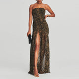 Women’s Y2K Vintage Slim Strapless Backless Mesh Patchwork Tropical Leopard Print High Slit Long Tube Party Dress-Outfit