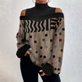 Women's Lantern Sleeves Geometric Print Tshirts Top Casual Loose Pullover High Neck T-shirt Roupas