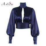Women Sexy Lace Up Bow Satin Blouse Turtleneck Shirt Backless Blouses Blusas Women Puff Sleeve Crop Top Spring