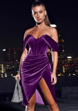 Sexy Off Shoulder Velvet Ruffles Slit