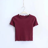 Wood ears O neck Short sleeve T-shirt 2023 New Woman Slim Fit t shirt tight tee Summer Retro Tops 6 colors-Outfit