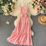 Women Hollow Out Two Piece Set Vintage Sleeveless Slash Neck Tank Tops + High Waist Long Skirt Ladies White/Green 2pc