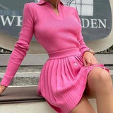 Knitted Pleated Skirt Set Women Sexy Long Sleeve Slim Tops And High Waisted Mini Skirt Dress Two Piece Set Y2K 2021