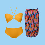 2025 New Swimsuit Women's Swimsuit Solid Color Bare Back Three-Piece Bikini Print Sexy Lady