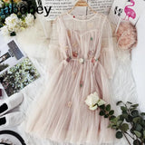 new women O-neck lantern sleeve gauze fairy puff dress female flower appliques elegant mesh princess
