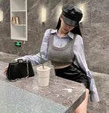 Autumn 2 pieces 1 set Knitted Rib Pullovers Sweater Vest + Lapel Full Sleeve Shirt Elastic Hem Crop Top Suits Knitwear-Outfit