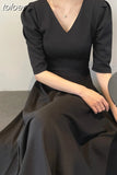 French Style Puff Sleeve Fashion Black Wedding Maxi Dresses for Women Party V-Neck Evening Long Dress Elegant Summer