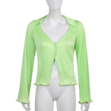 Sweetown Green Single Breasted V Neck Casual Tops & Blouses Women Button Up Flare Long Sleeve Elegant Autumn Cardigan