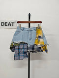 Women's Denim Skirt Colored Plaid Patchwork Irregular Deconstructed A-line High Waist Mini Skirt 2024 Summer New Fashion-Outfit