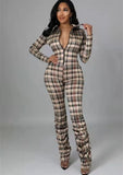 Gray Plaid Turndown Collar Zipper Long Sleeve Ruched
