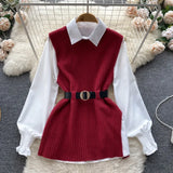 The Spring And Autumn Of 2024, The New Medium-And Long-Style Sweater Suit Shows A Thin Tie, Waist Knitted Vest Shirt And Two Sets Of Women.-Outfit